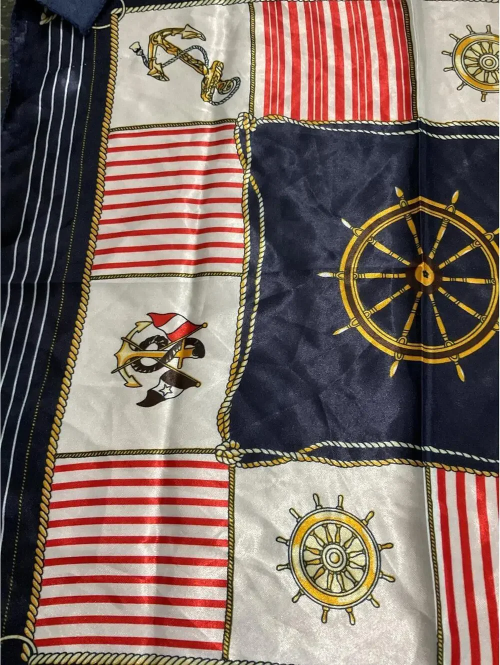 Nautical Themed Silk Scarf with Anchor and Ship Wheel Design